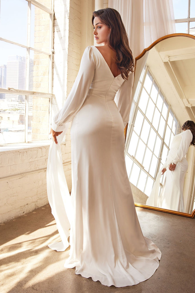 Long-Sleeve Satin Bridal Gown-smcdress