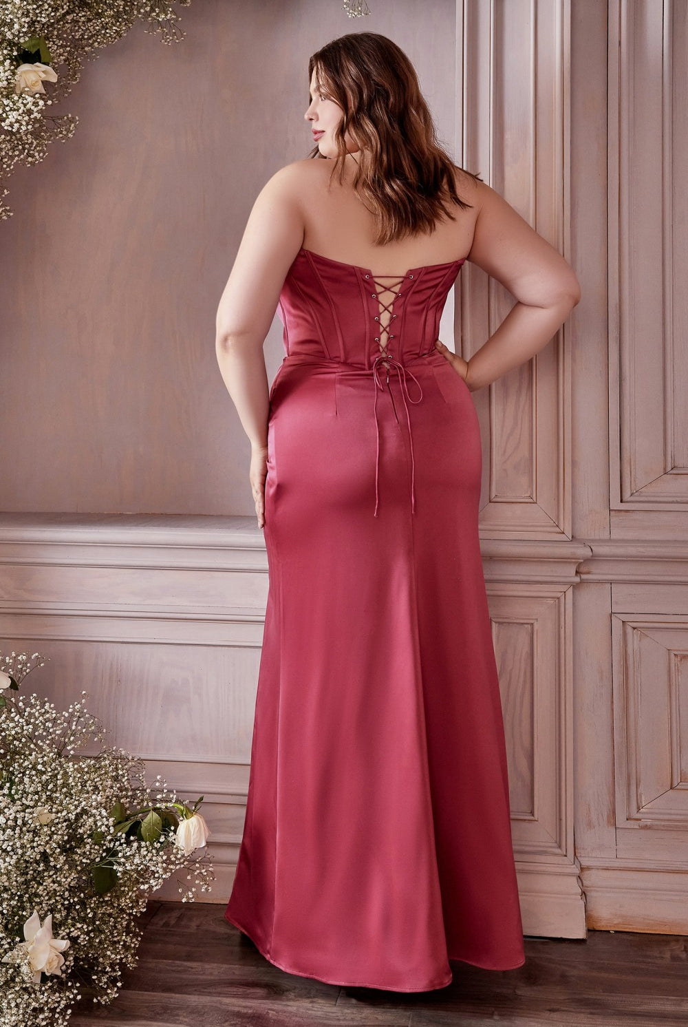 Satin Off-shoulder Prom Dress. Vintage Laced Corset, Waist Wrapped, High Leg Slit-smcdress
