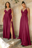 Soft Satin A-Line Gown w/ Sweatheart neck, Wrap Bodice, Slit & Gala Styling-smcdress