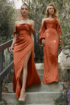 Satin High Leg Slit Gown with Open Back. Elegant Off-the-Shoulder Dress with Draped Bodice-smcdress