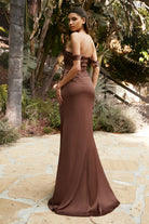 Satin High Leg Slit Gown with Open Back. Elegant Off-the-Shoulder Dress with Draped Bodice-smcdress