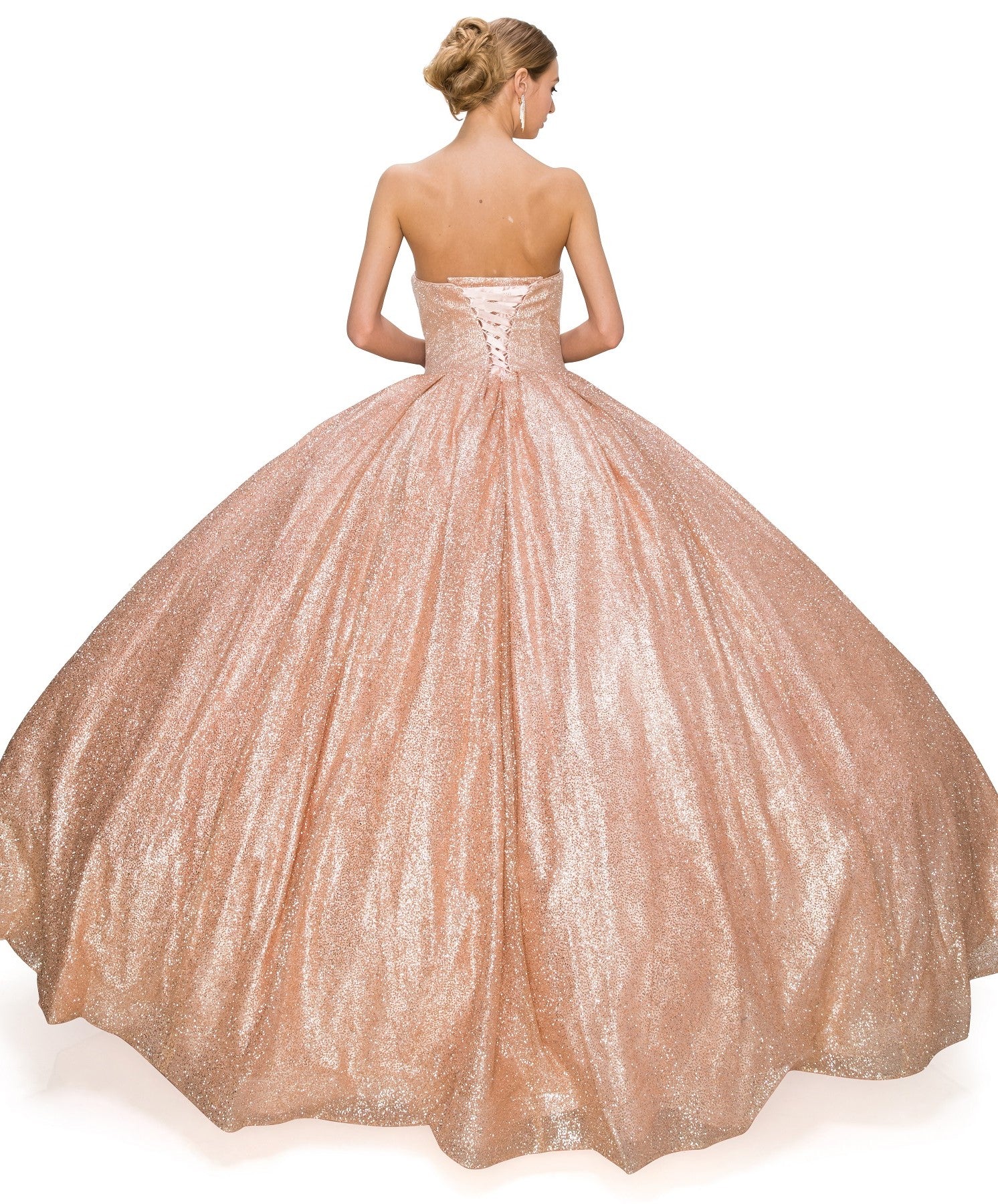 Back of Rose gold glitter ball gown wedding dress
