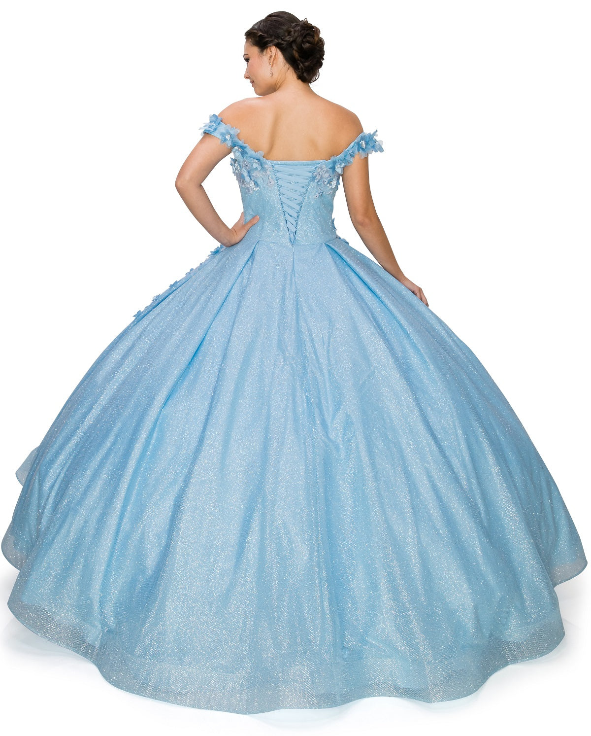 3D floral off shoulder ball gown with glitter skirt-smcdress