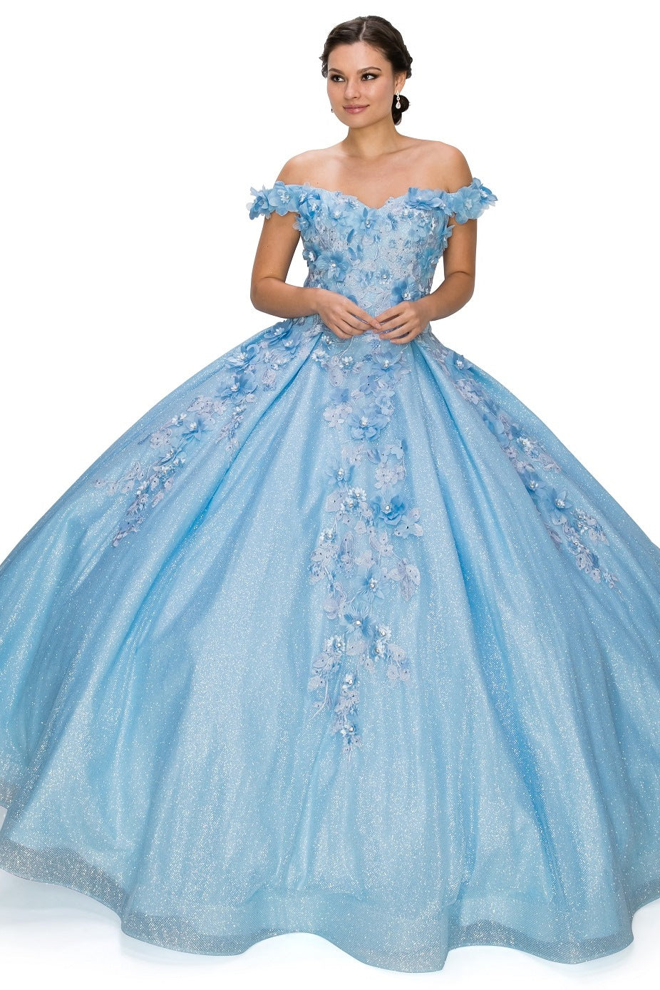 3D floral off shoulder ball gown with glitter skirt-smcdress