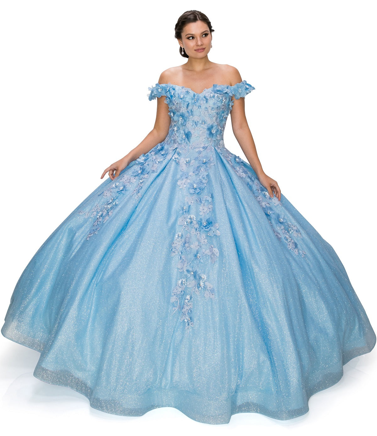 3D floral off shoulder ball gown with glitter skirt-smcdress