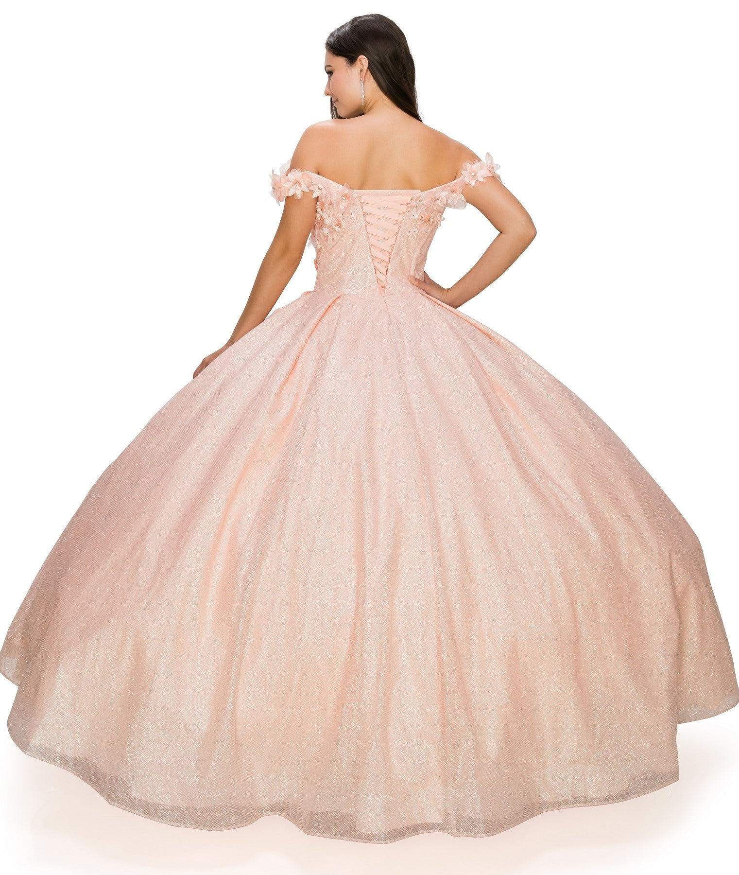 3D floral off shoulder ball gown with glitter skirt-smcdress
