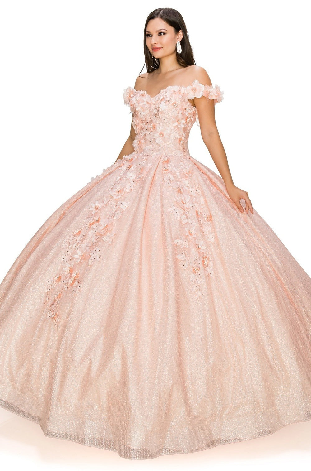 3D floral off shoulder ball gown with glitter skirt-smcdress