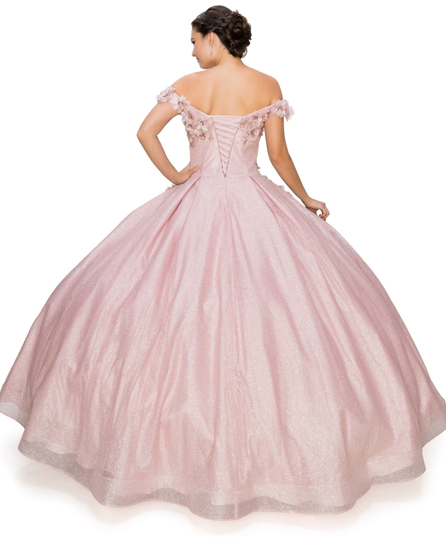3D floral off shoulder ball gown with glitter skirt-smcdress