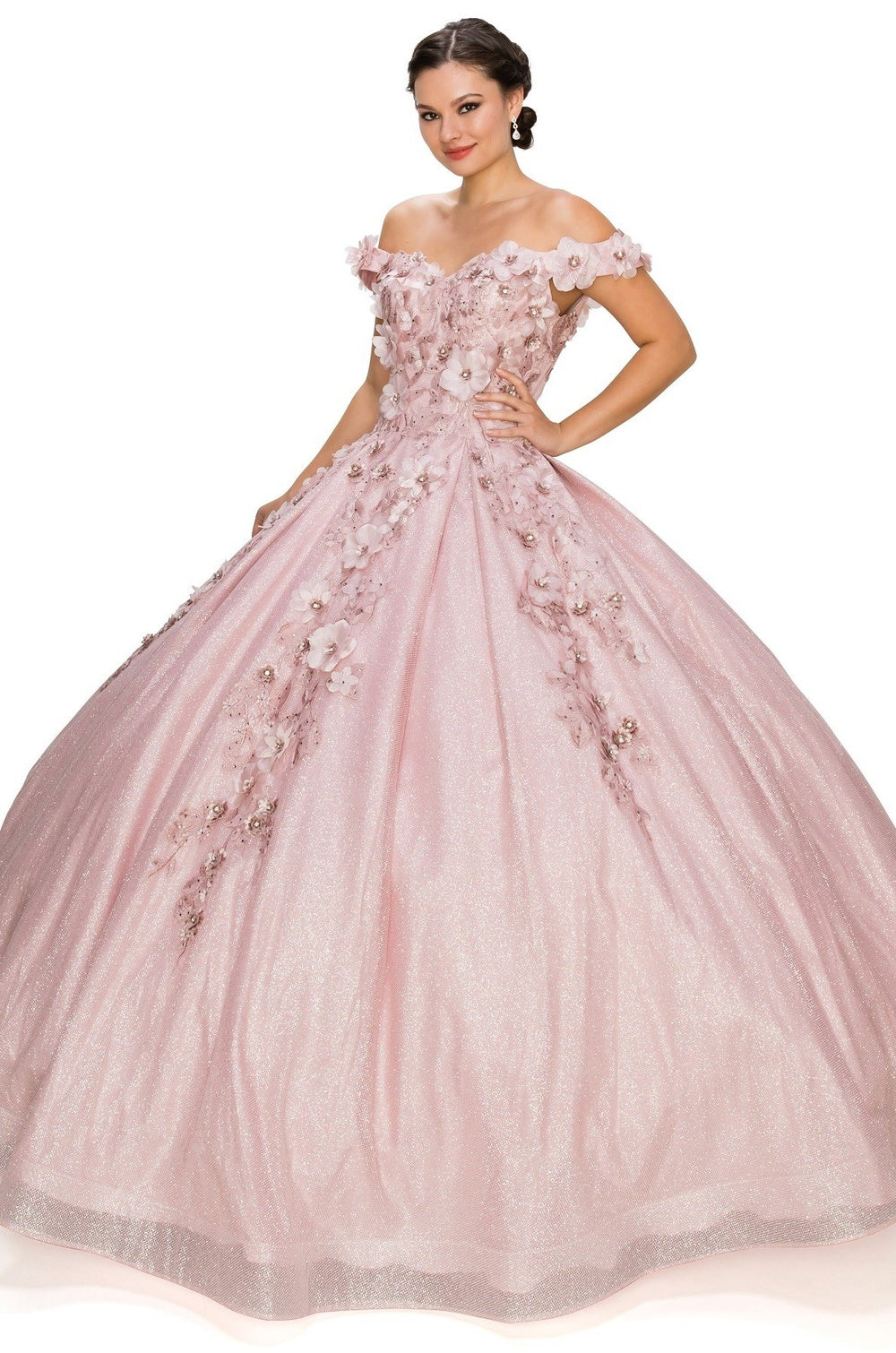 3D floral off shoulder ball gown with glitter skirt-smcdress