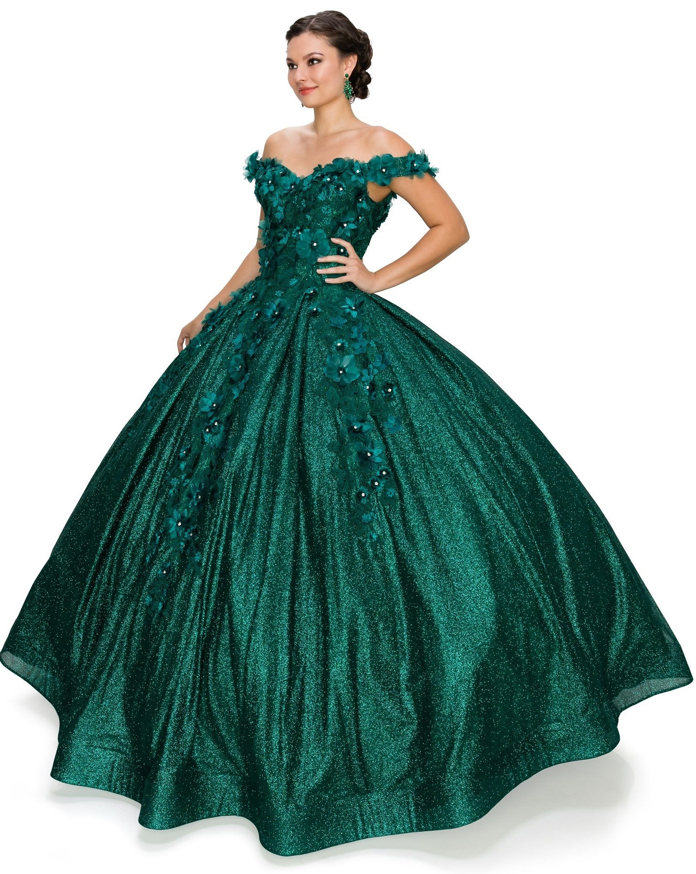 3D floral off shoulder ball gown with glitter skirt-smcdress
