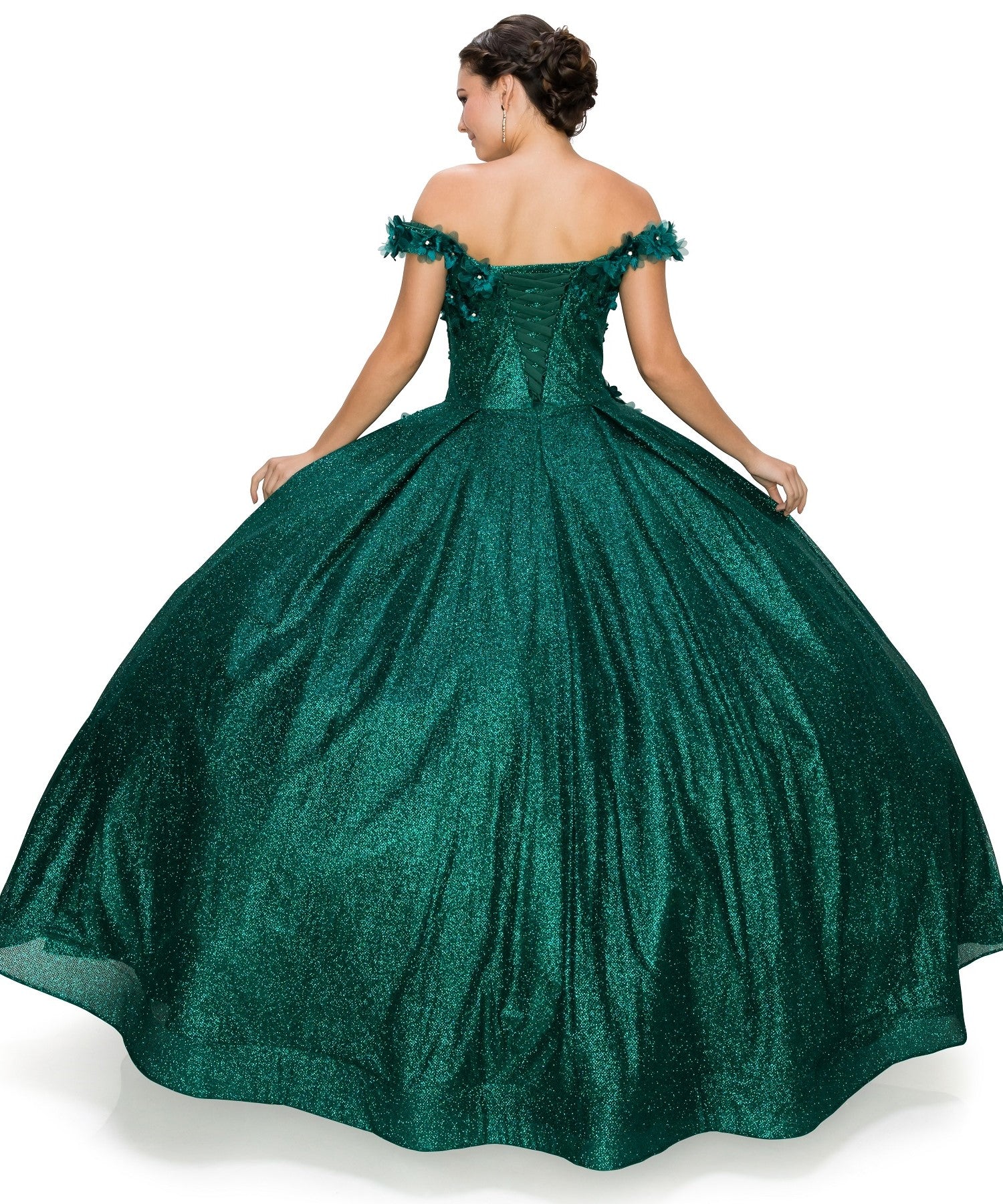3D floral off shoulder ball gown with glitter skirt-smcdress