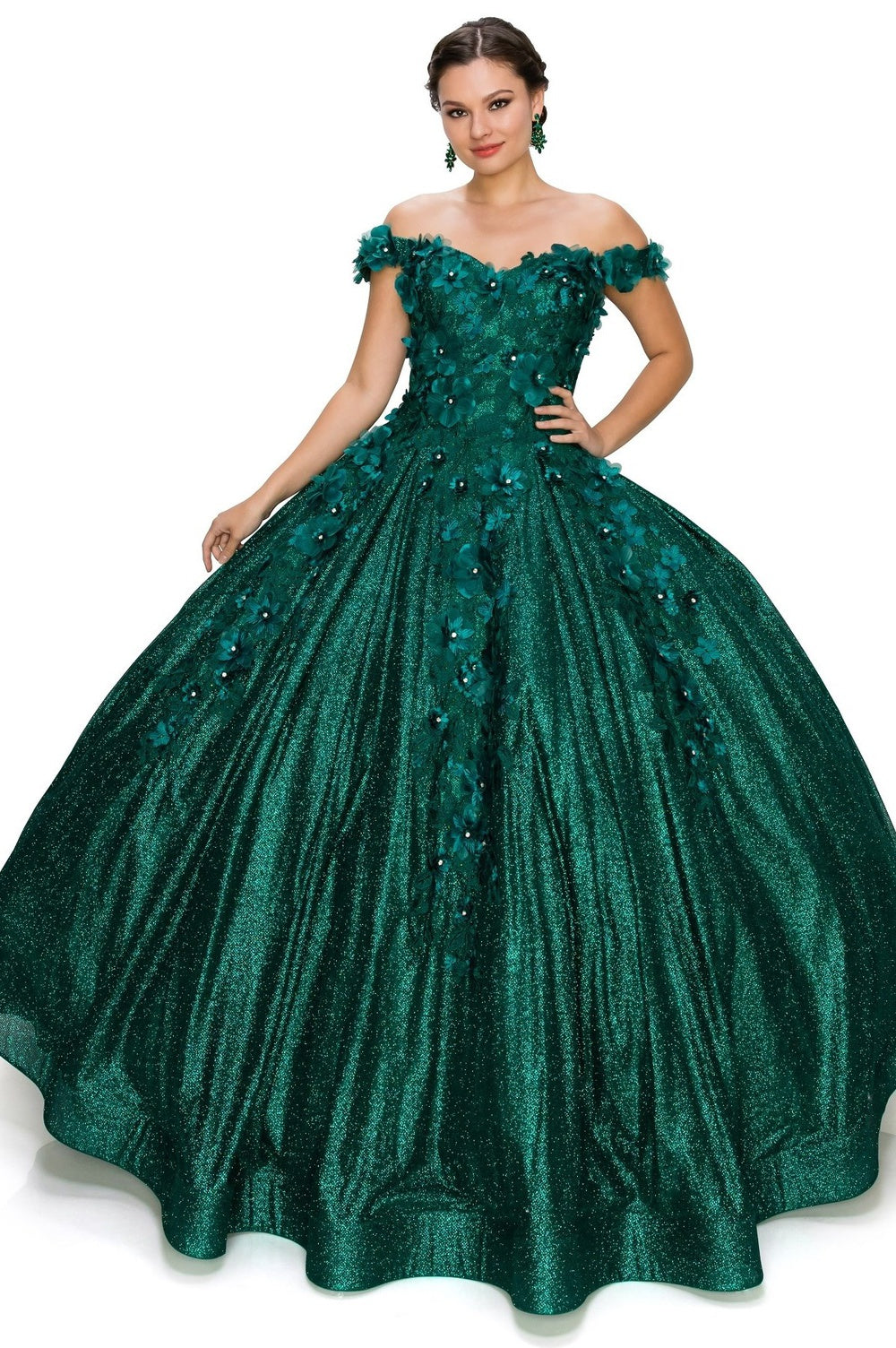 3D floral off shoulder ball gown with glitter skirt-smcdress