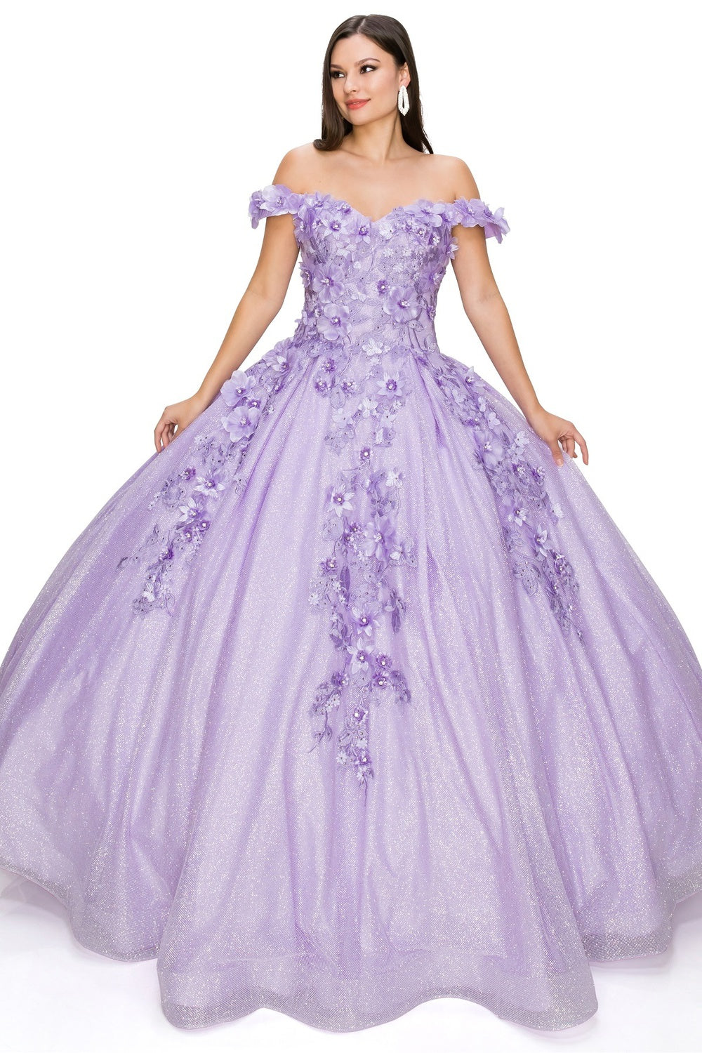3D floral off shoulder ball gown with glitter skirt-smcdress