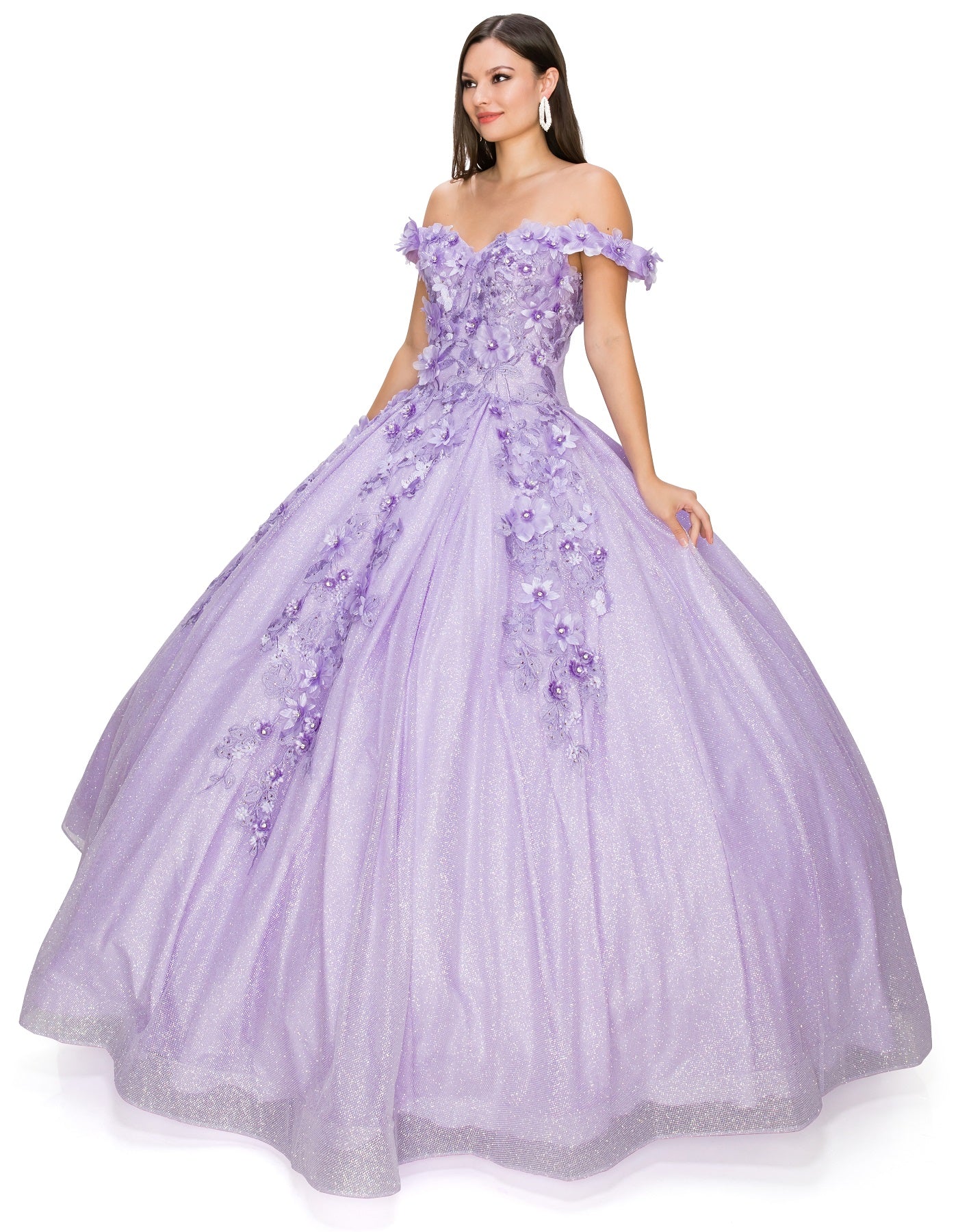 3D floral off shoulder ball gown with glitter skirt-smcdress