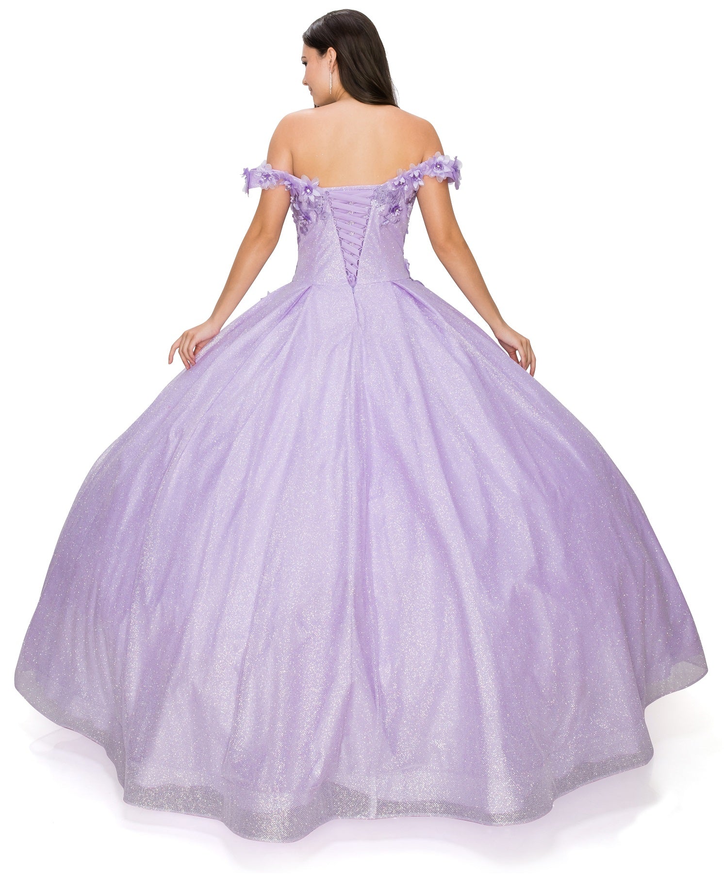3D floral off shoulder ball gown with glitter skirt-smcdress