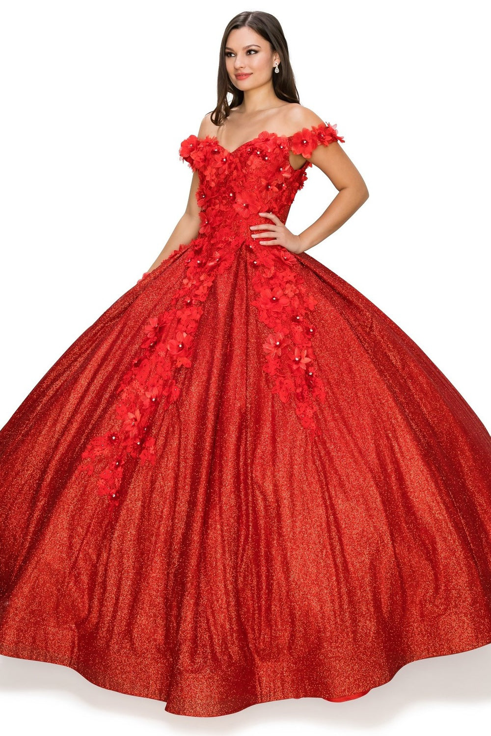 3D floral off shoulder ball gown with glitter skirt-smcdress