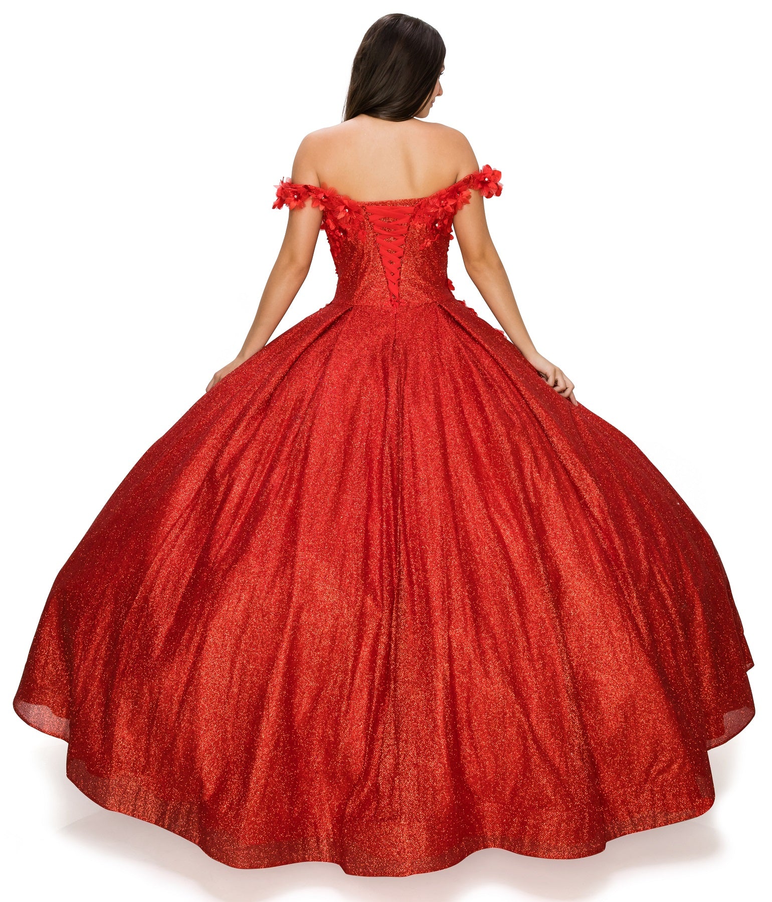 3D floral off shoulder ball gown with glitter skirt-smcdress