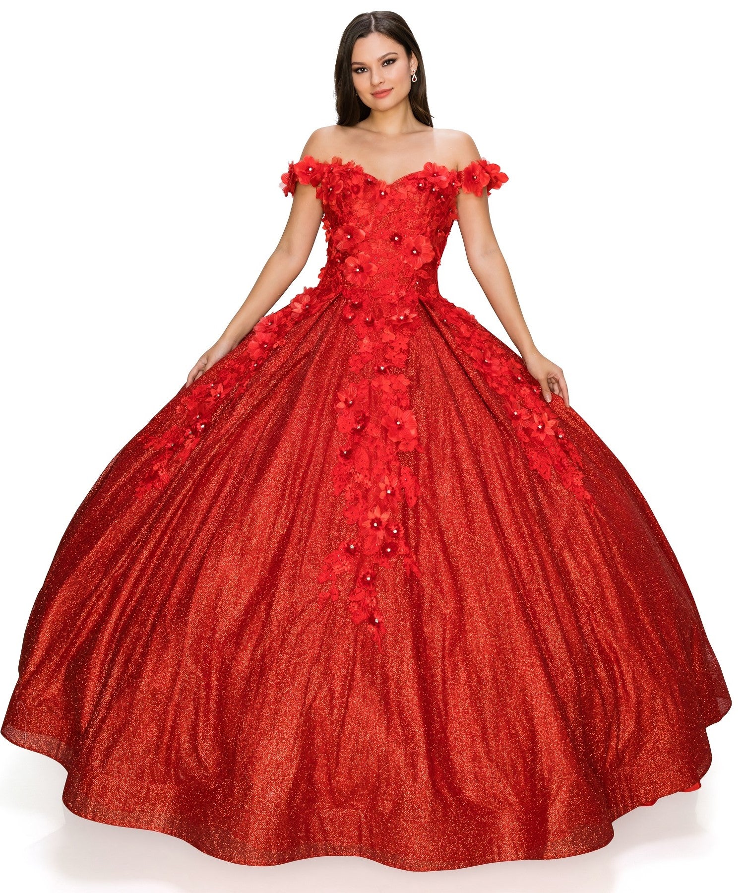 3D floral off shoulder ball gown with glitter skirt-smcdress