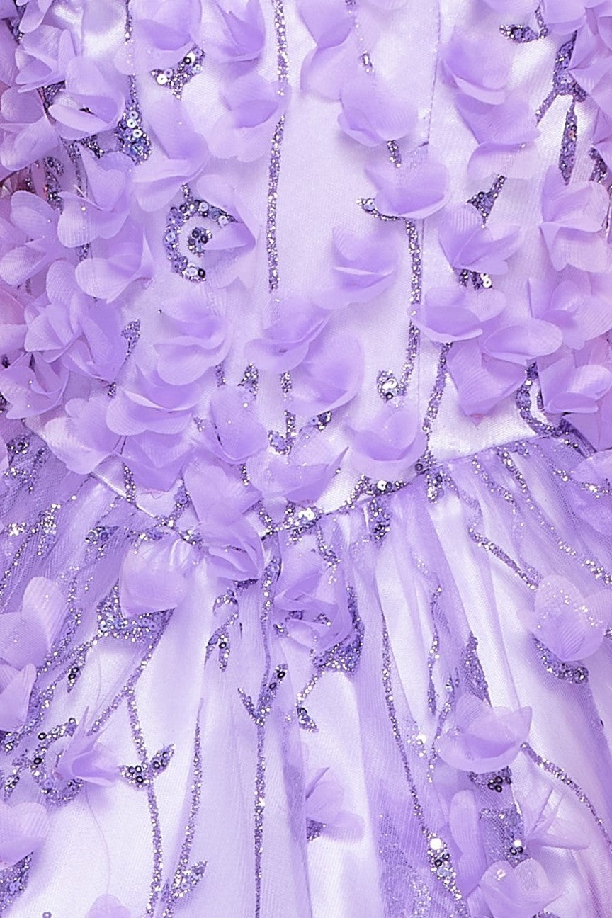 Fabric of lilac floral applique ball gown