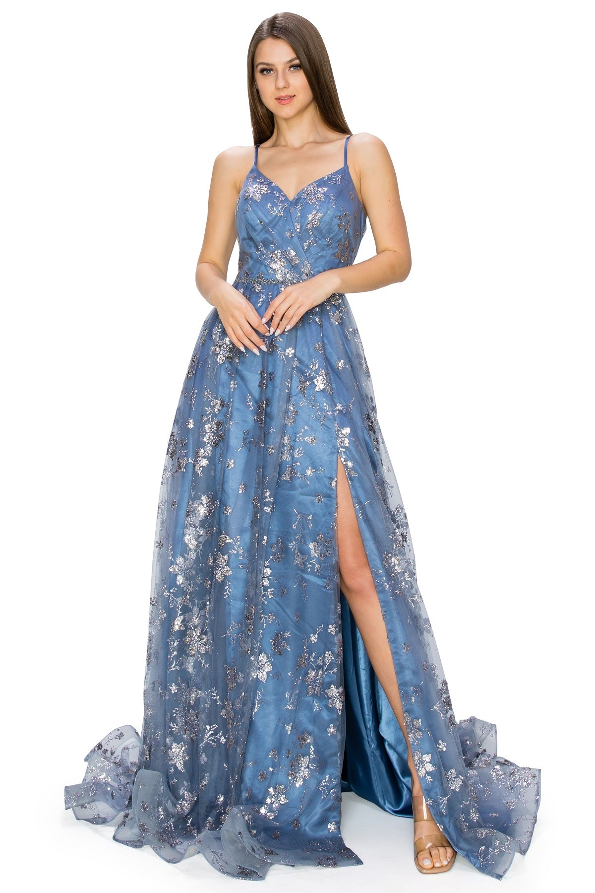 Blue open back glitter dress alternative