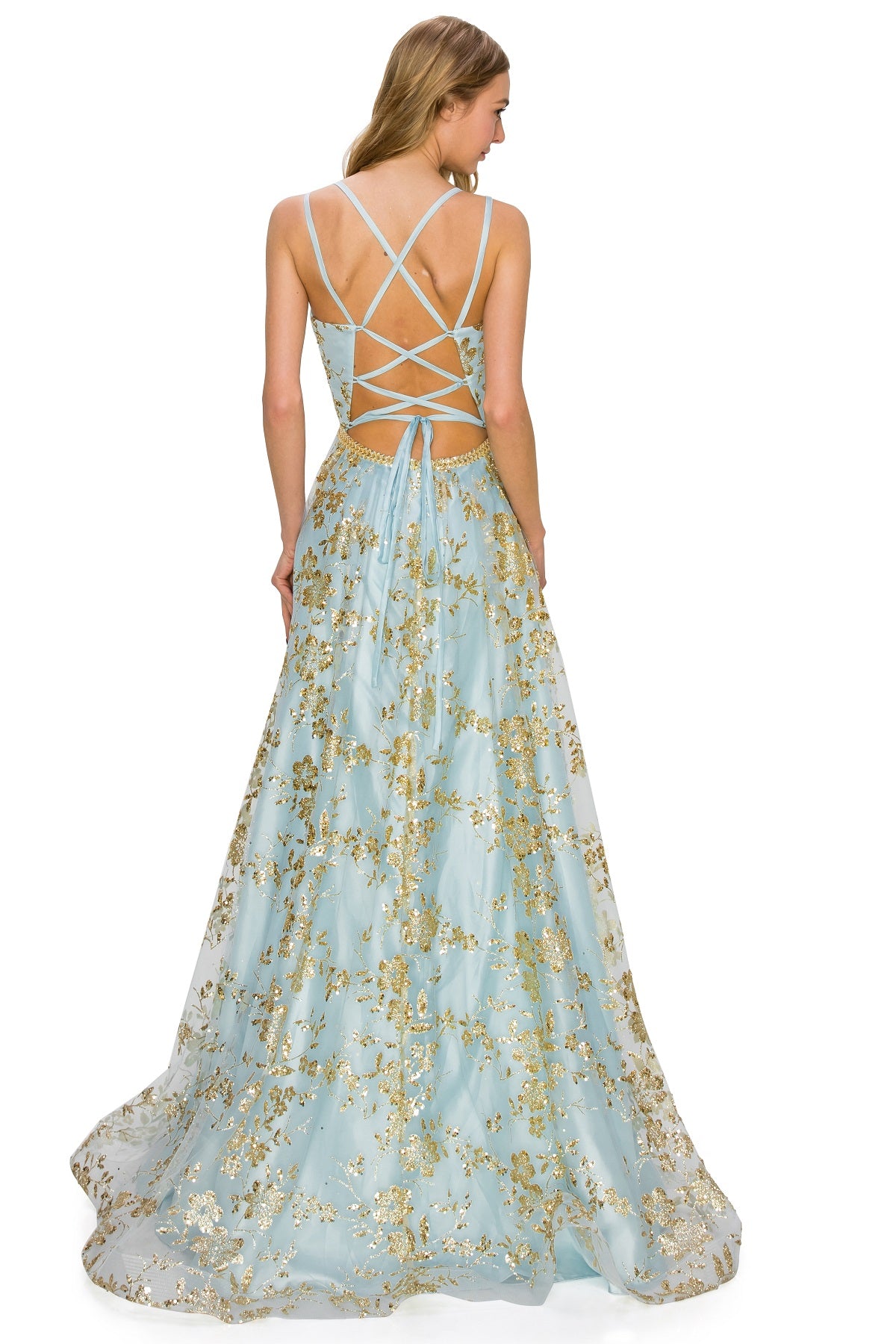 Back of dusty blue open back glitter dress