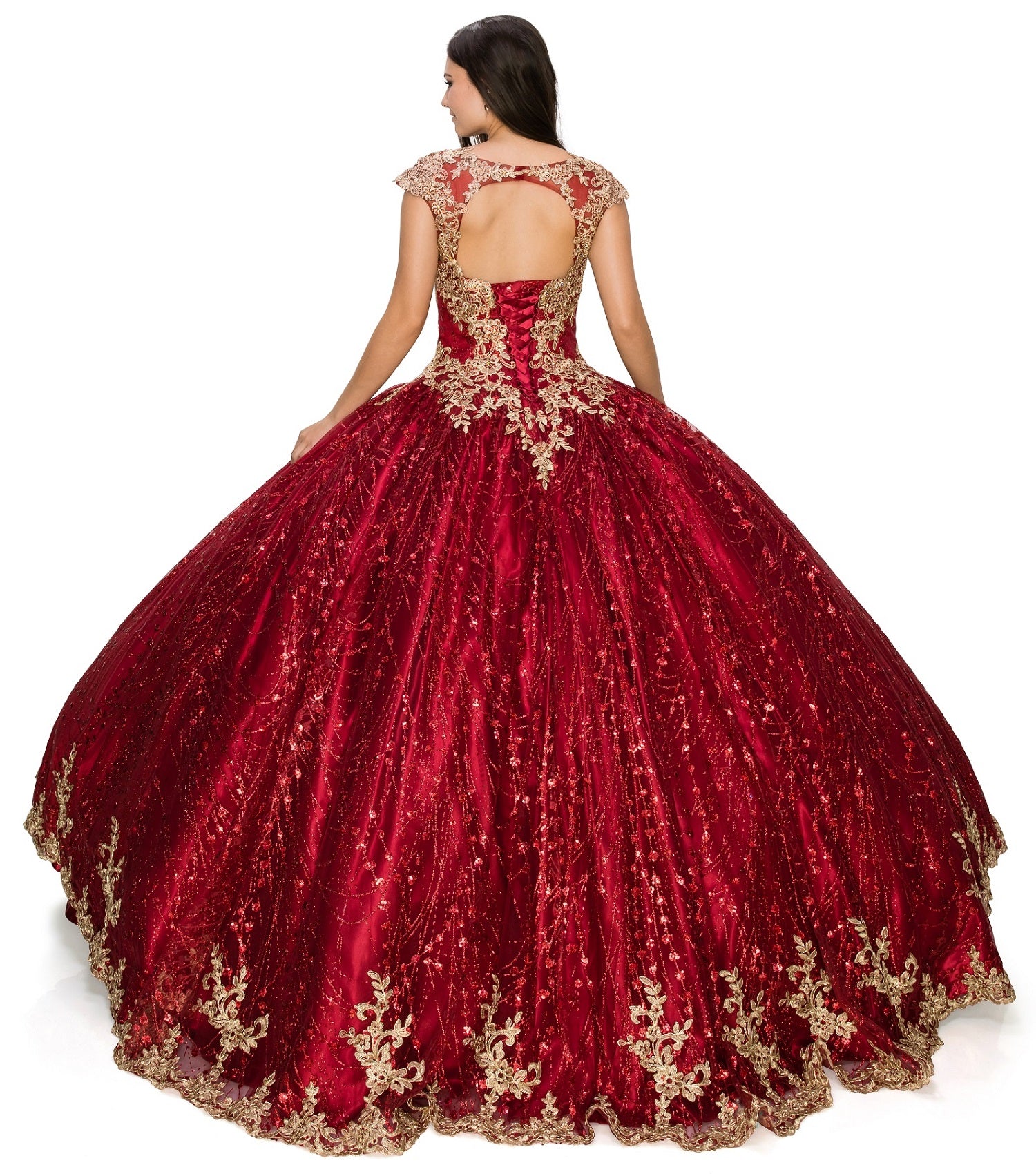 Back of burgundy quinceanera dress