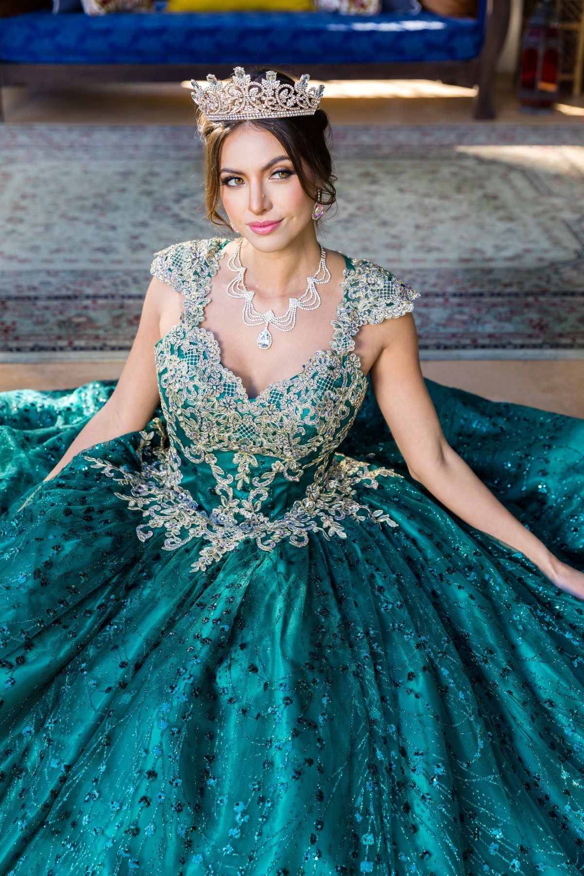 Glittered tulle ball gown adorned with luxe gold coil lace-smcdress