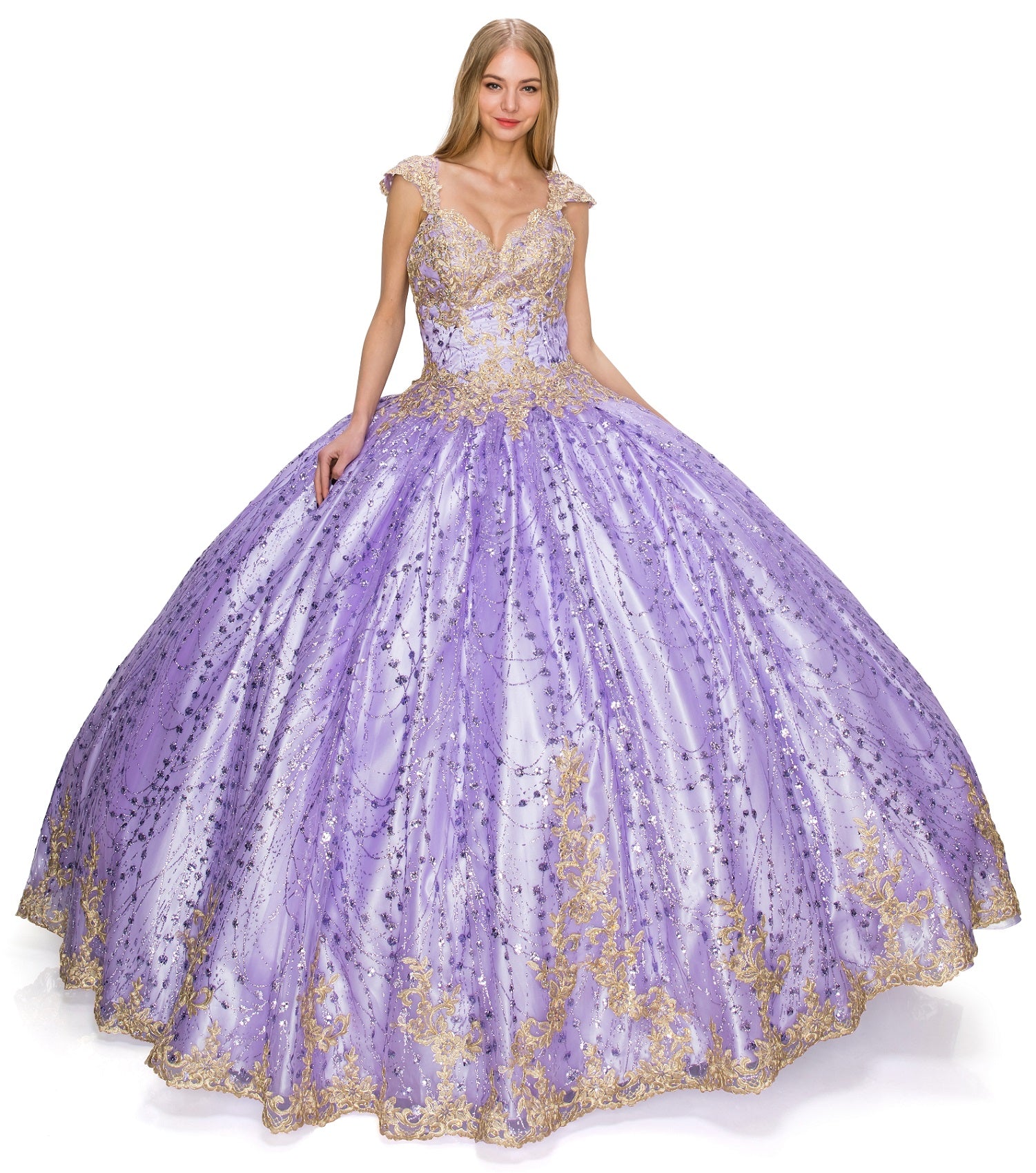 Glittered tulle ball gown adorned with luxe gold coil lace-smcdress