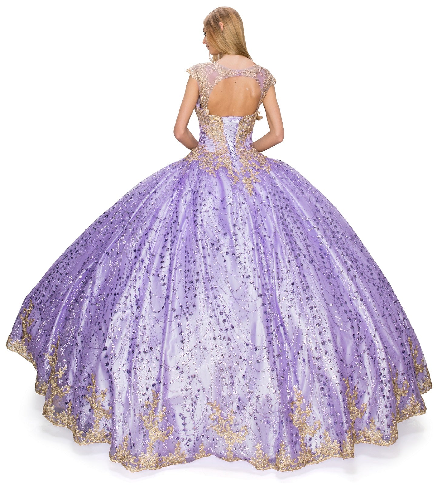 Glittered tulle ball gown adorned with luxe gold coil lace-smcdress