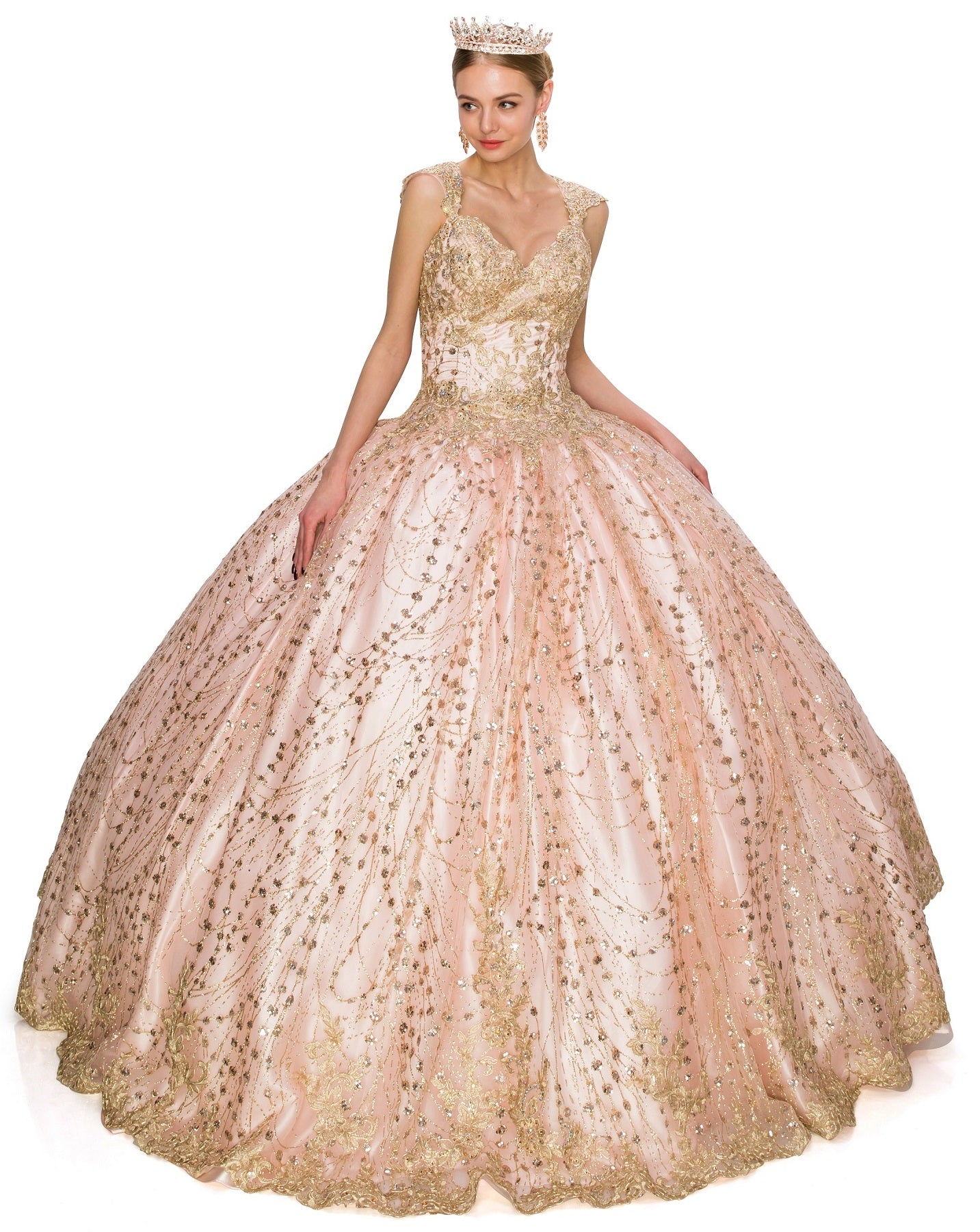 Glittered tulle ball gown adorned with luxe gold coil lace-smcdress