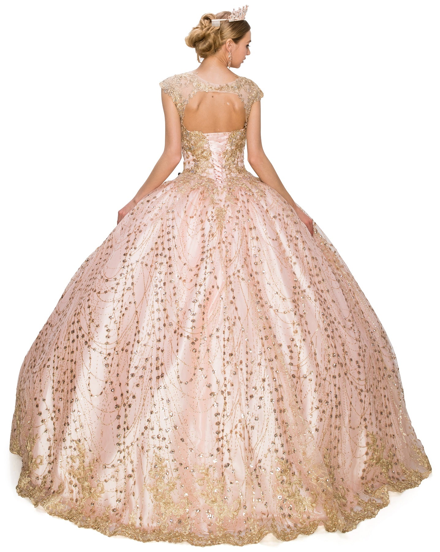 Glittered tulle ball gown adorned with luxe gold coil lace-smcdress