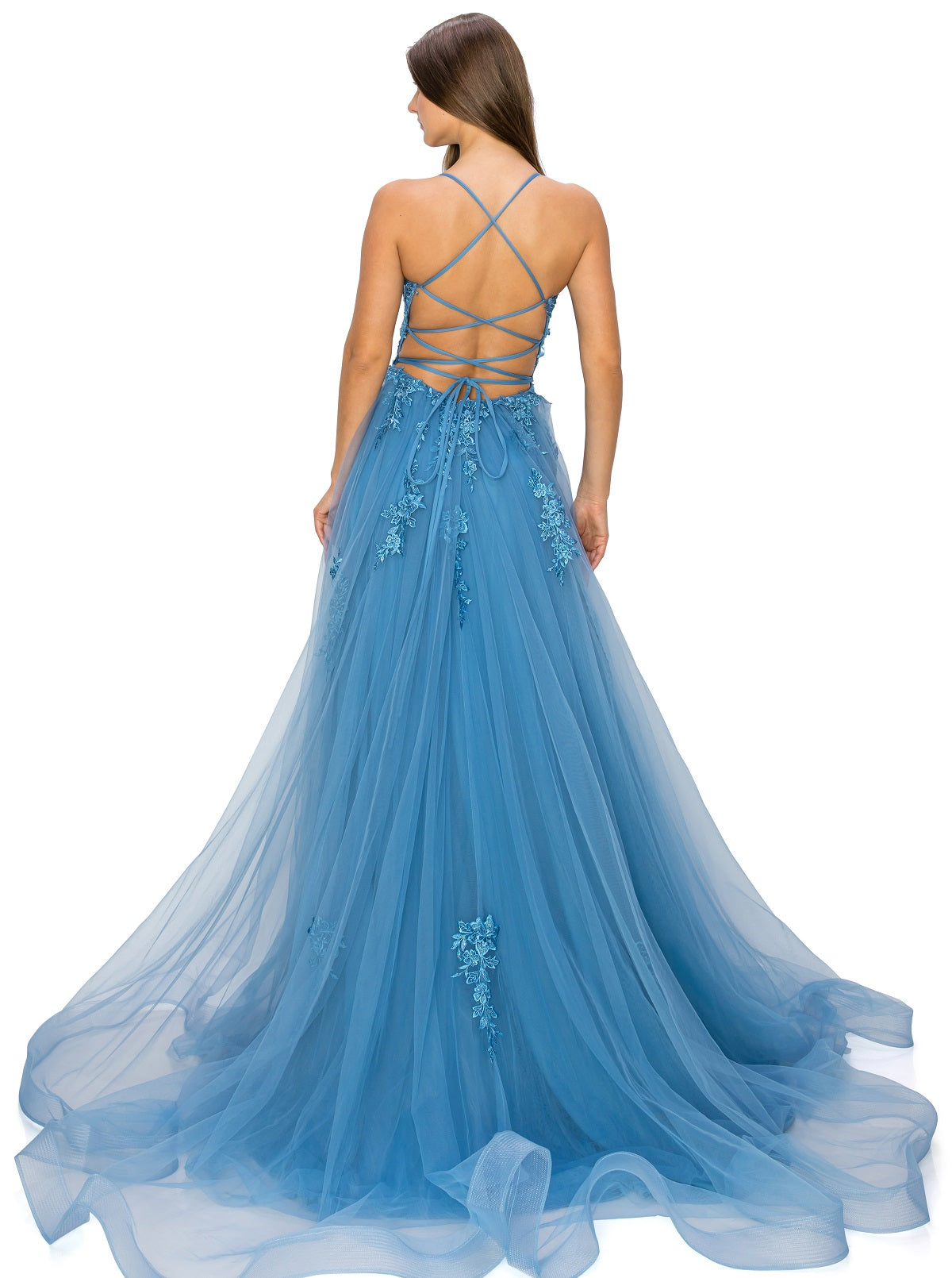 Back of dusty blue tulle ball gown prom dress