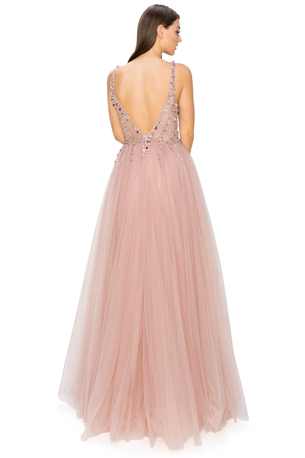 Tulle Skirt Embellished Sequin Illusion V-Neck Long Prom