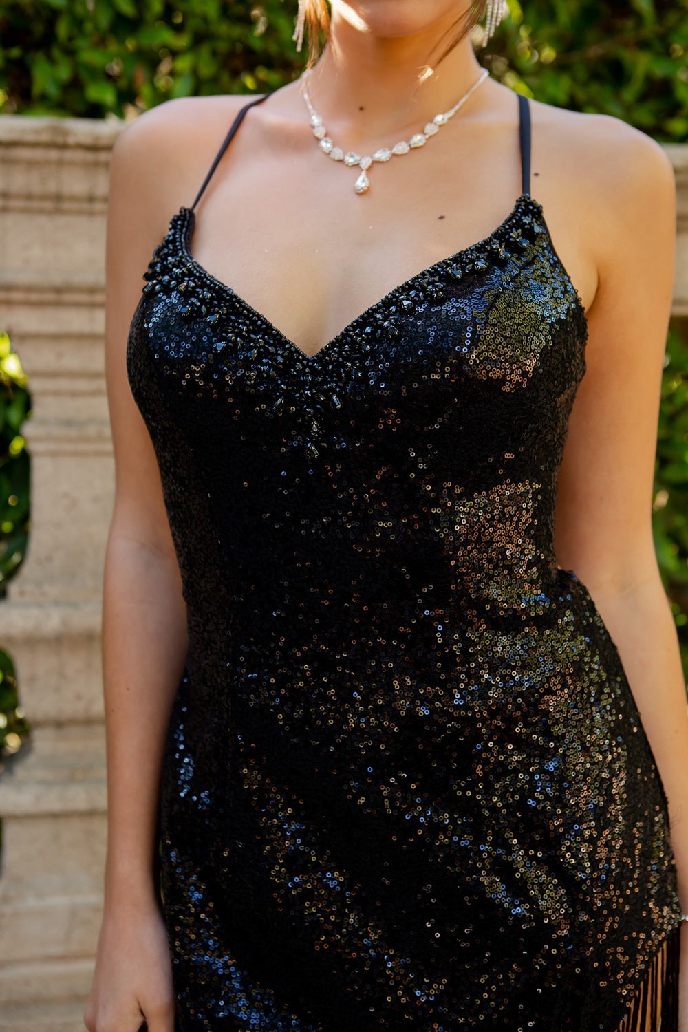 A closer look at black lace up back prom dress