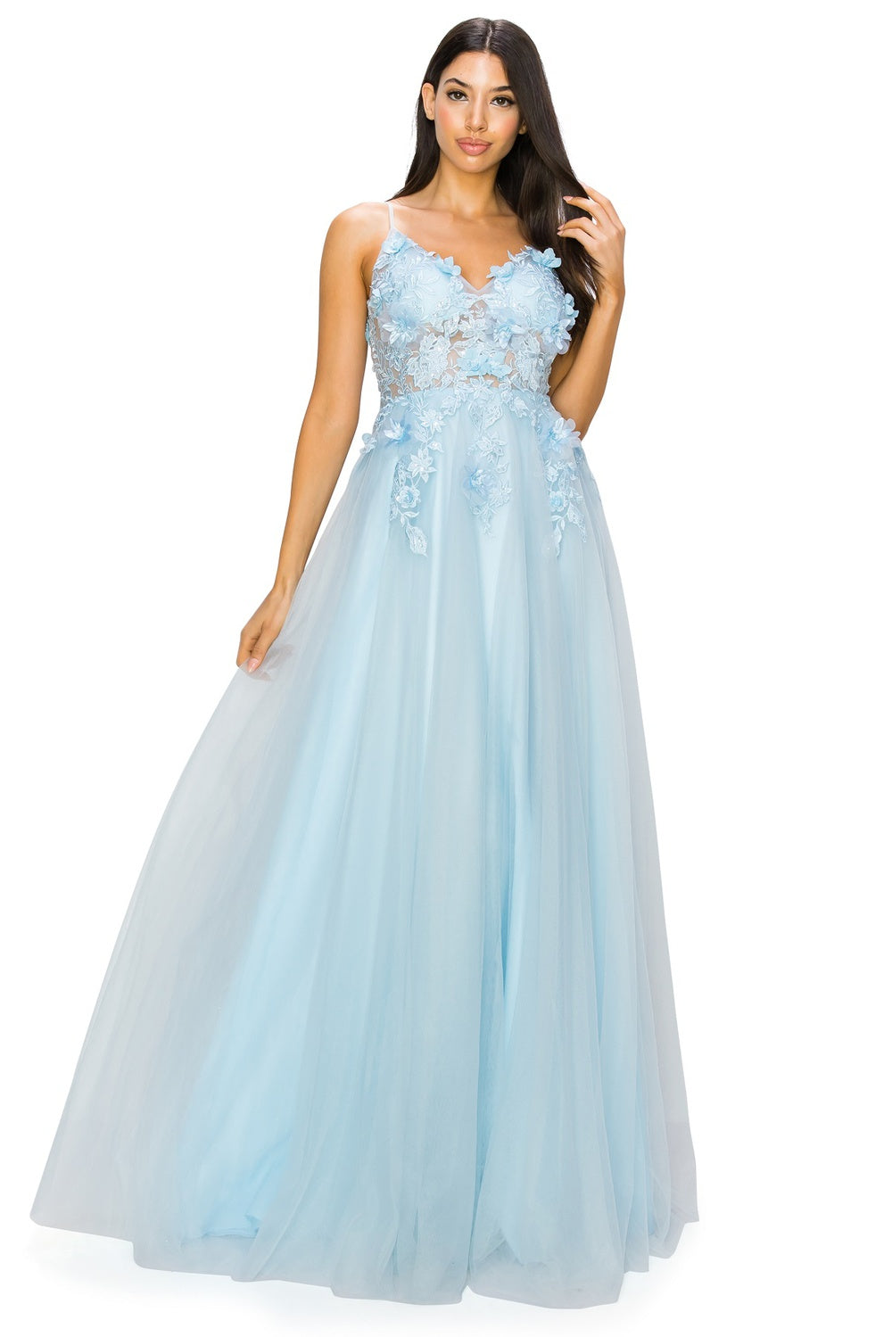 Blue layered tulle gown