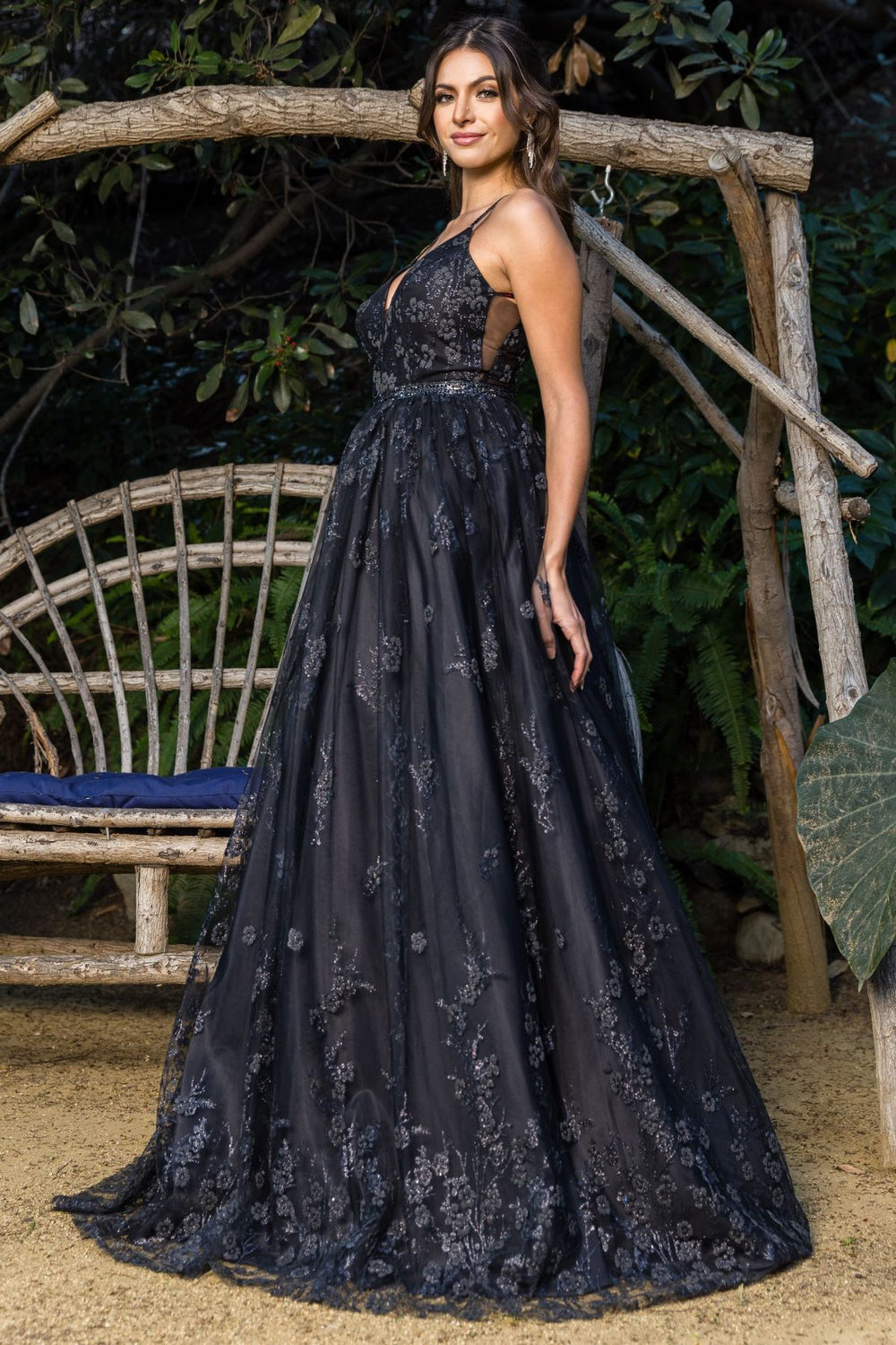 Black floral embroidered prom dress alternative