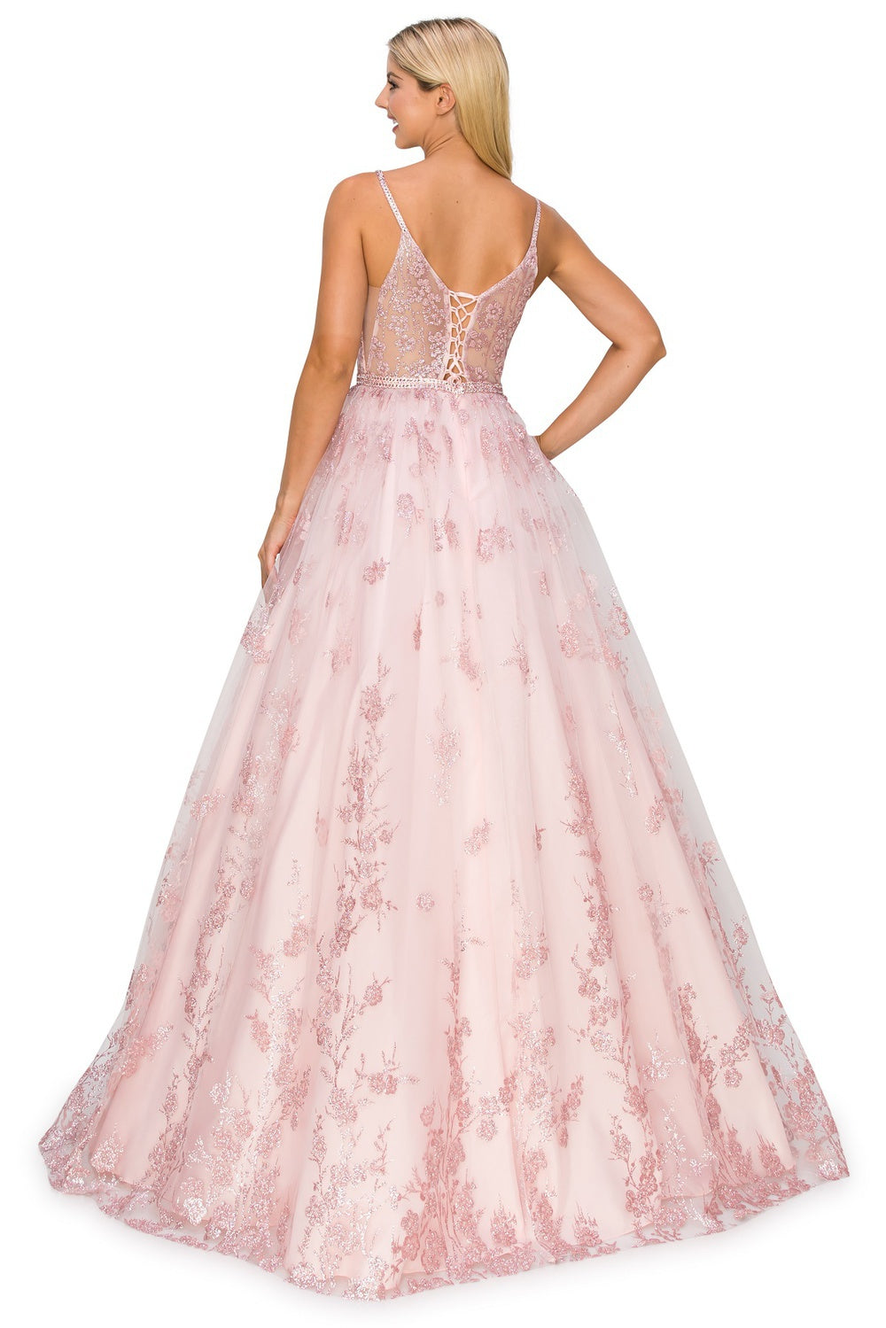 Back of the blush floral embroidered prom dress