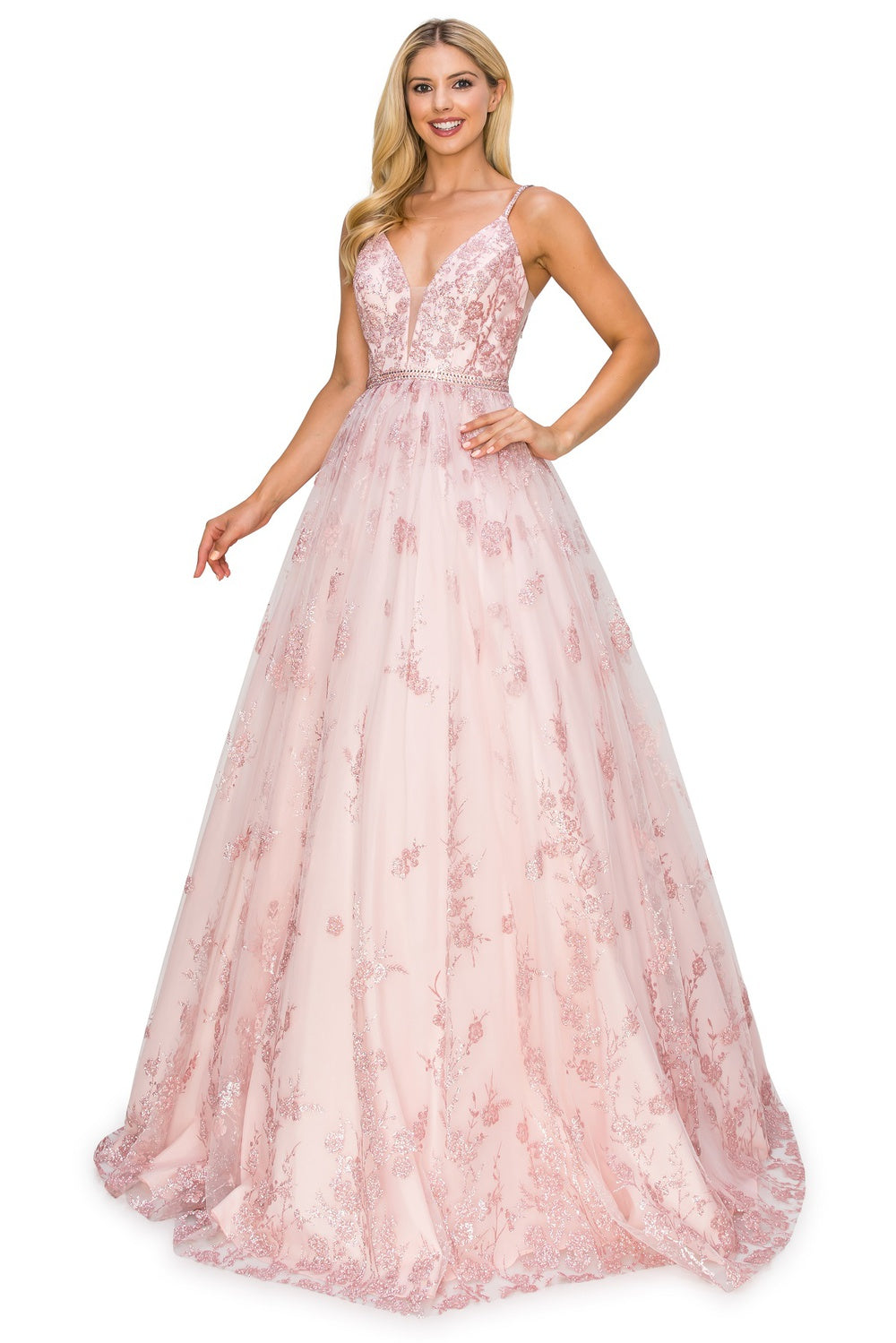 Blush floral embroidered prom dress