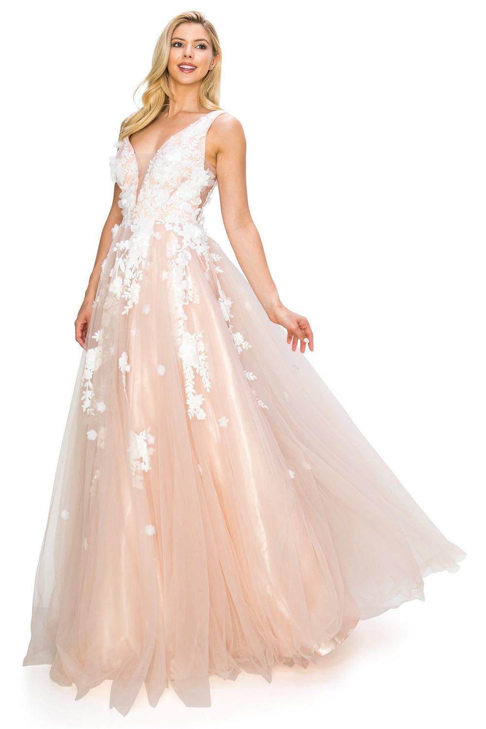 Blush long floral prom dress