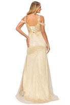 Back of champagne long dress with side slit