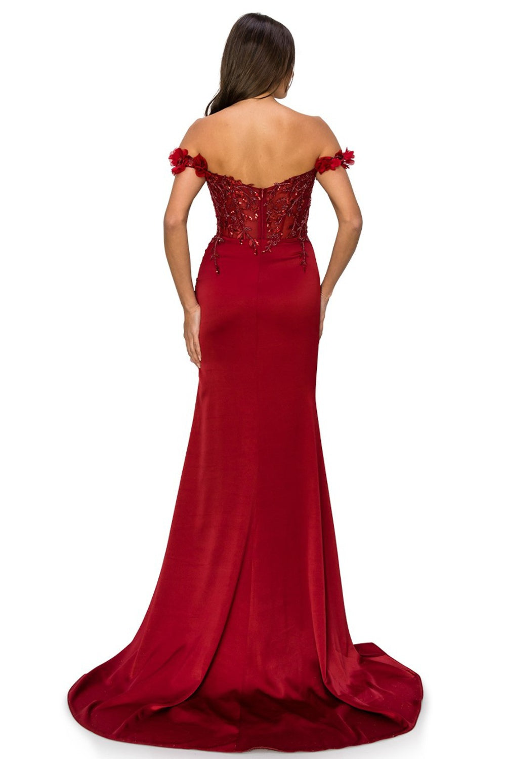 3D floral long off the shoulder dress with fitted skirt-smcdress