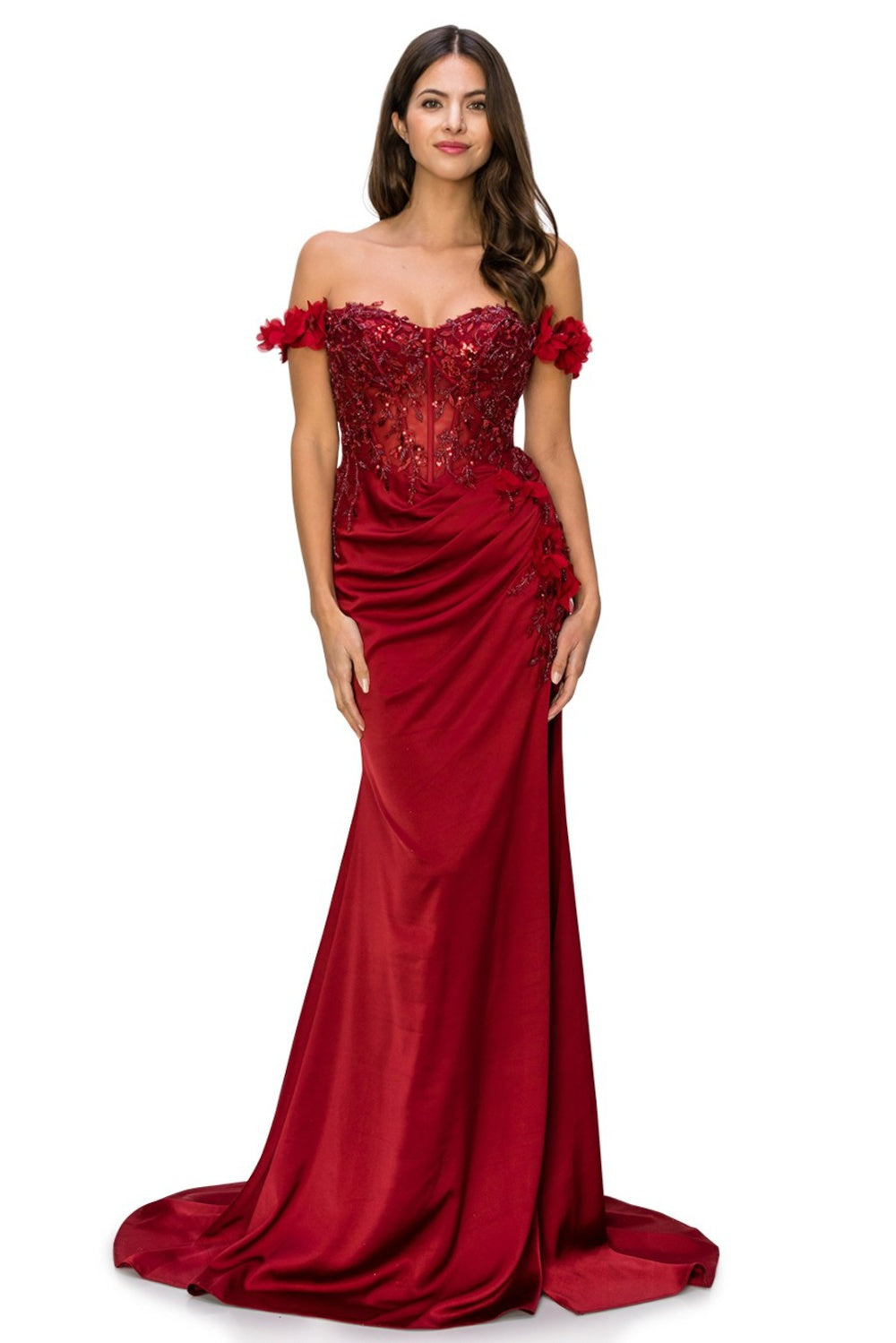 3D floral long off the shoulder dress with fitted skirt-smcdress