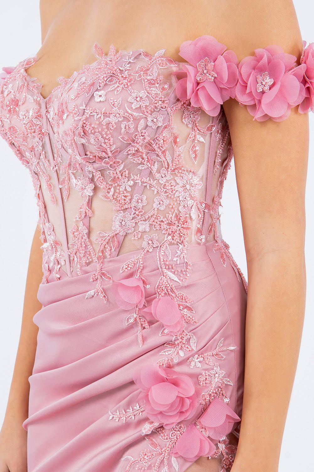 3D floral long off the shoulder dress with fitted skirt-smcdress