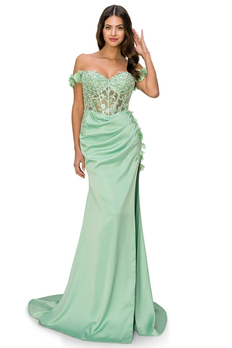 Sage sheer top prom dress