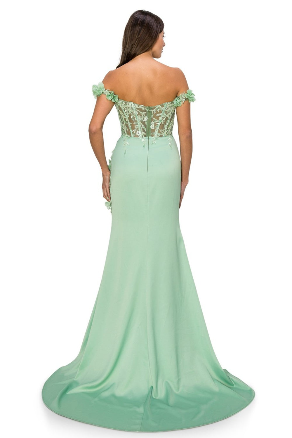 Back of sage sheer top prom dress