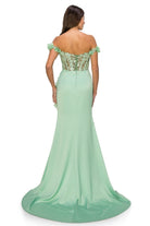 Back of sage sheer top prom dress