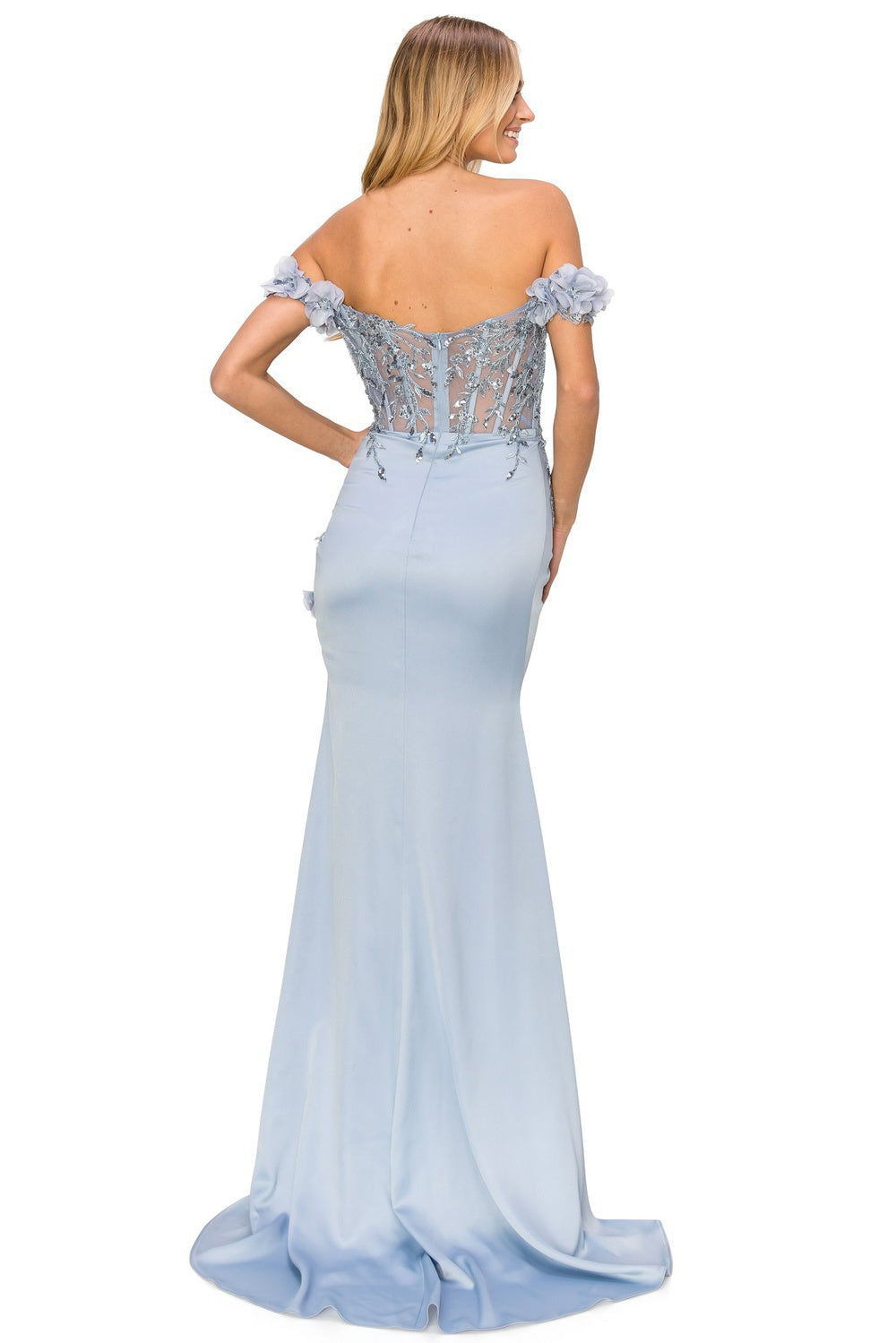 Back of blue sheer top prom dress 
