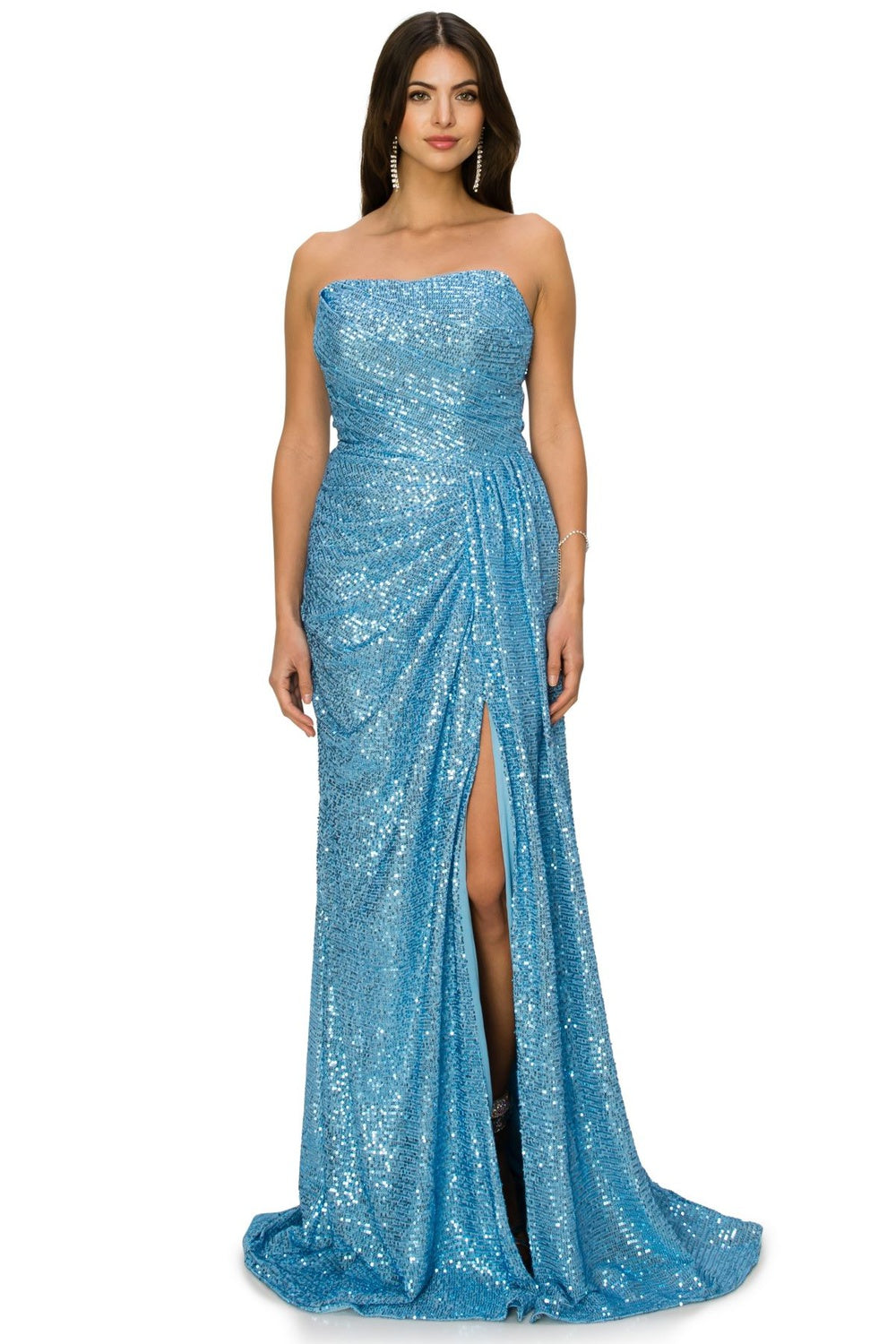Blue sequin side slit evening dress 