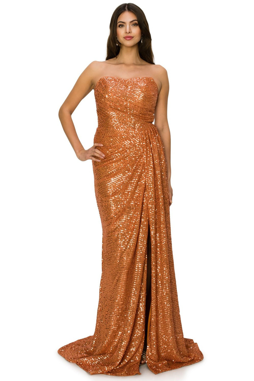 Orange sequin side slit evening dress alternative