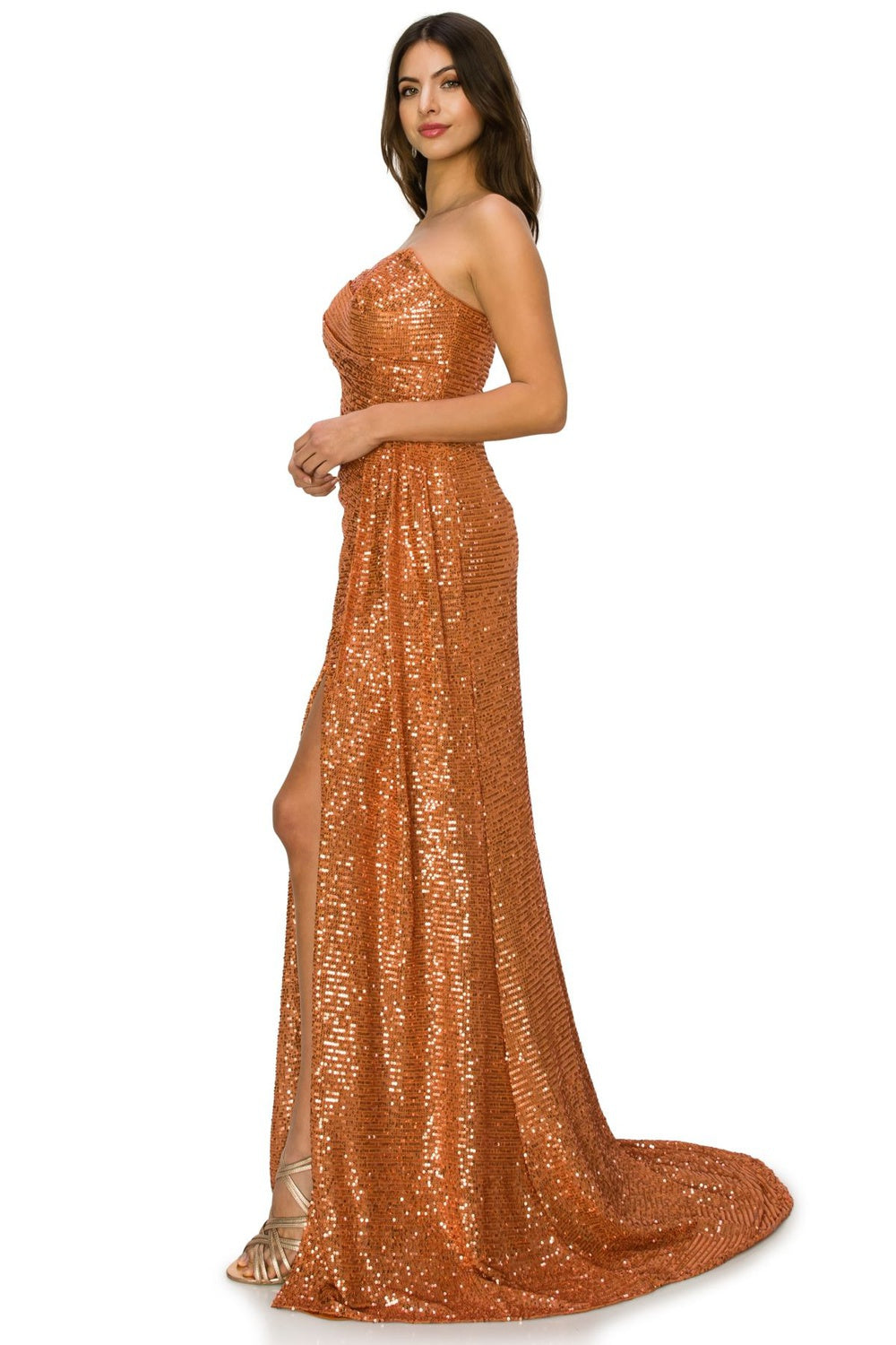 Orange sequin side slit evening dress alternative